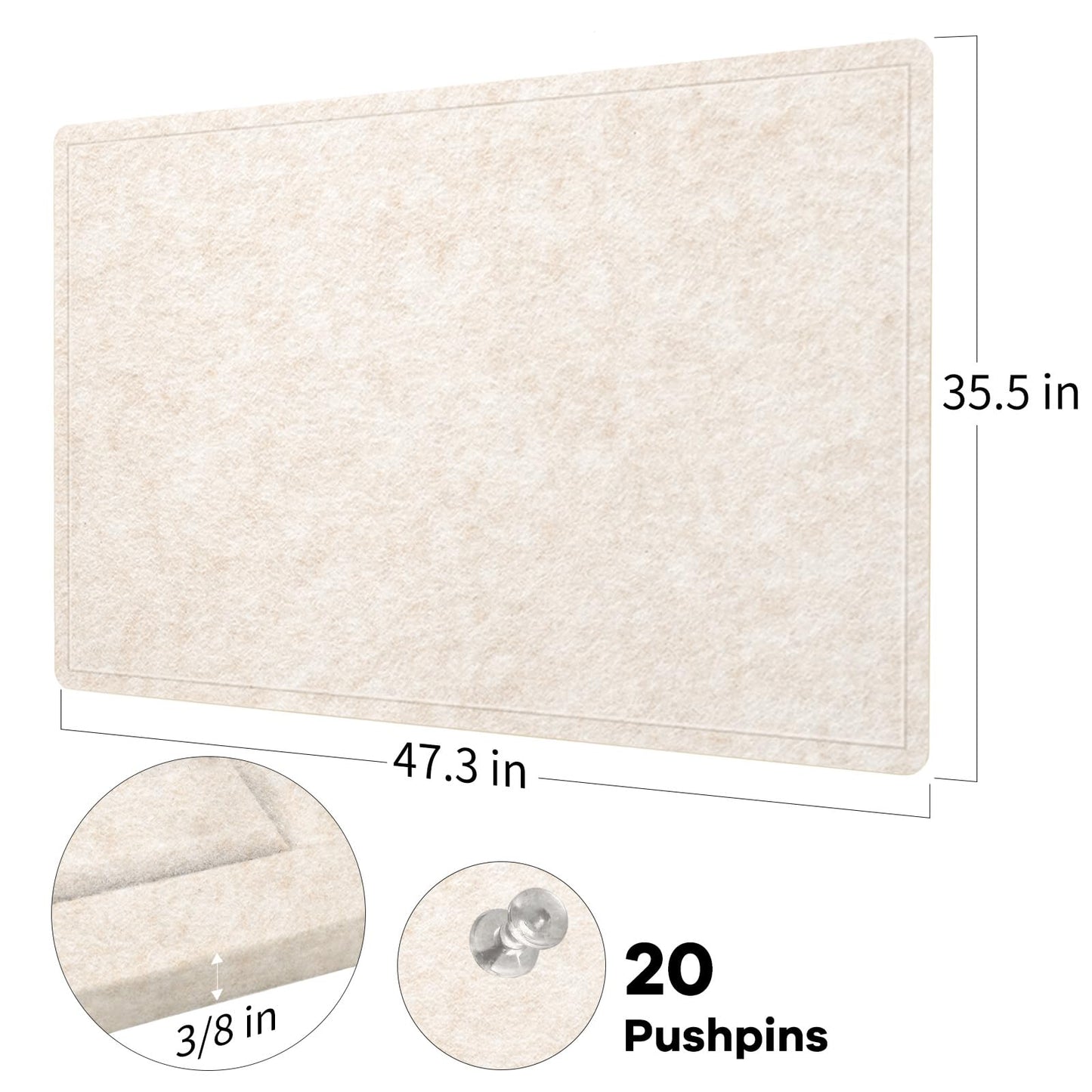 Lightomorrow Large Bulletin Board - 90 x 120 cm, Decorative Felt Pin Board for Wall - 4' x 3' Foldable Photo Display Board with Self-Adhesive Tape, Includes 20 Push Pins - Oatmeal