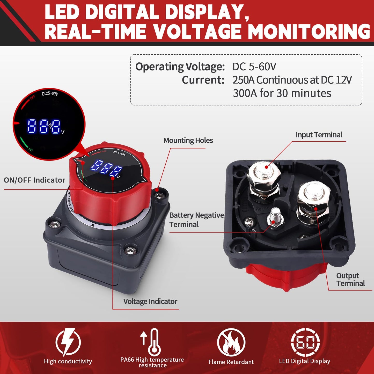 AWBLIN Upgrade Battery Disconnect Switch with Voltmeter, DC 5-60V Master Isolator Cut/Shut Off Switch for Marine Boat Car Truck Camper RV Trailer Vehicles Engine Application (On/Off)