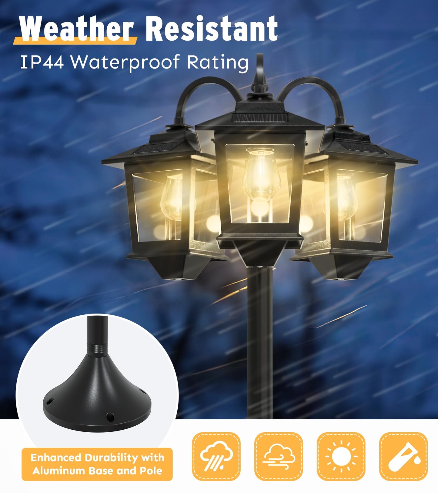 73" Aluminum Solar Lamp Post Light, 3-Head Solar Light Posts for Outside Waterproof, 90Lm Outdoor Lamps for Patio, Backyard, Front Porch Decor, Warm White, Replaceable Bulb