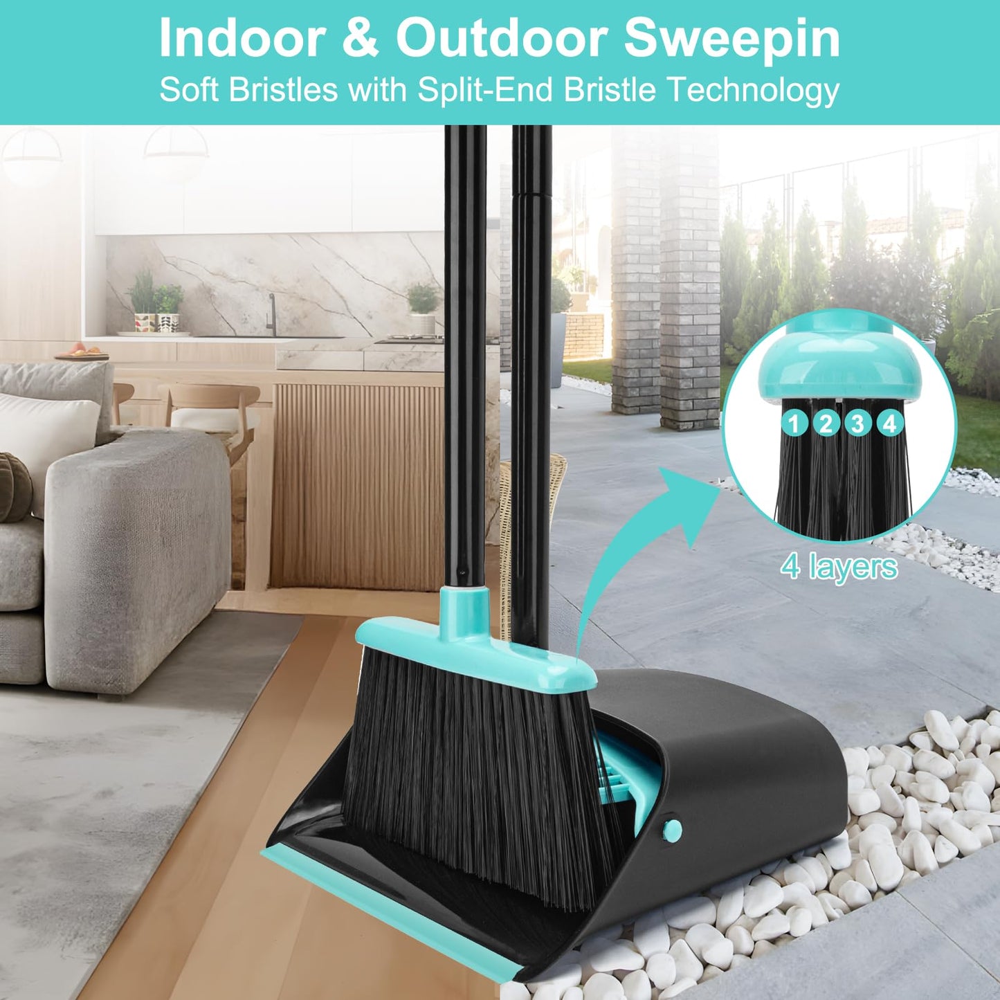 Broom and Dust pan with 52Inch Long Extendable Handle,Broom with Dustpan Combo Set, Standing Broom Sets for Indoor Kitchen Room Office Lobby Floor Cleaning