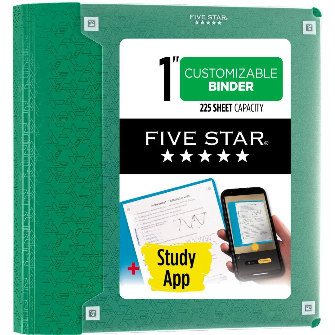 Five Star 3-Ring Binder + Study App, 6 Pack, 1 Inch Binder with D Rings and Customizable Clear View Cover, 225 Sheet Capacity, Assorted Colors (261440-23)