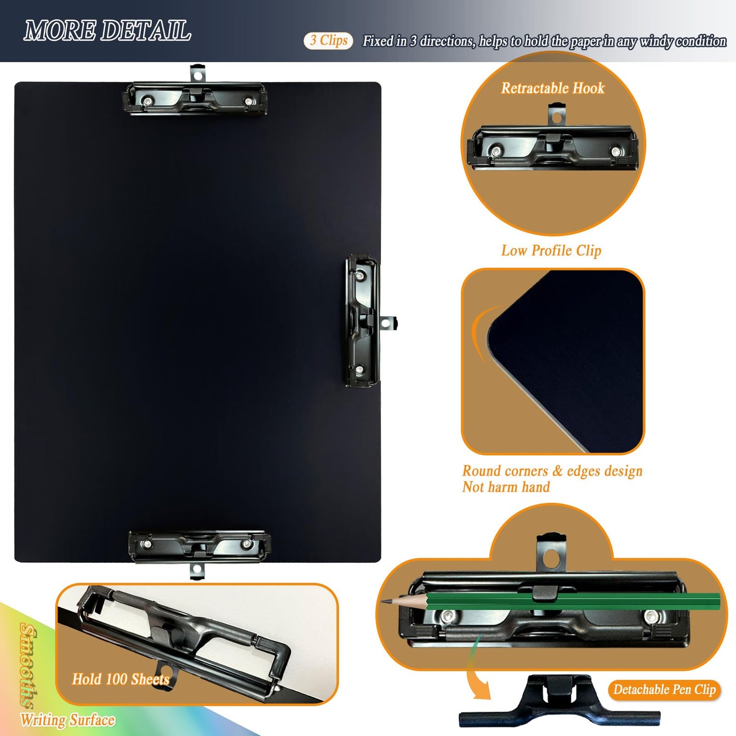 Three Black Clip Aluminum 11x17 Clipboard Metal Stainless Hangable Clipboards Art Pen Holder Extra Large Clip Board for Business Medical Professionals Workshop (Black, A3-3Clip)