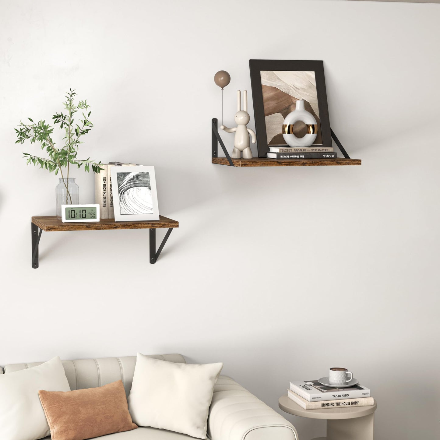 Rustic Brown Floating Shelves for Wall, 16W x 12D Inch Wood Wall Shelves Set of 2, Wide Floating Bookshelf for Living Room, Kitchen, Office, Bedroom Storage & Decoration with Metal Bracket