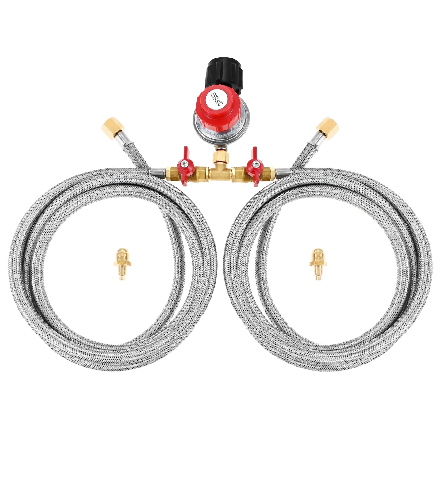 Hicello 0-20 PSI Adjustable Propane Regulator with Hose, 8FT Y Splitter Double Braided Hose with 1/8" MNPT Pipe Fitting for Double Propane Outdoor Burner, Turkey Fryer, Cooker