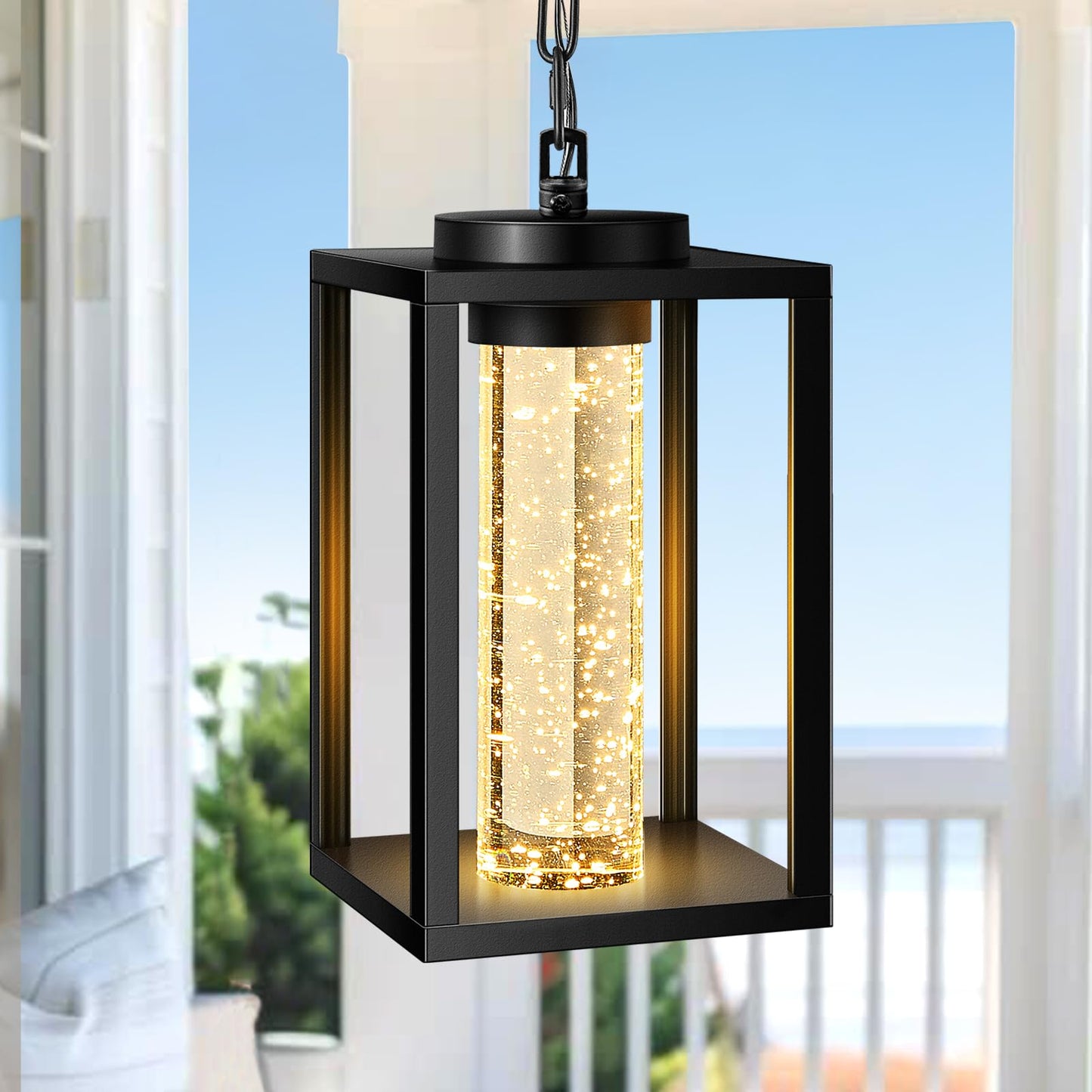 VIANIS Outdoor Pendant Lights for Porch, Aluminum Outdoor Hanging Light Fixture with Adjustable Chain, Black Modern Exterior Hanging Light with Built-in 10W LED, Waterproof Outdoor Porch Chandelier