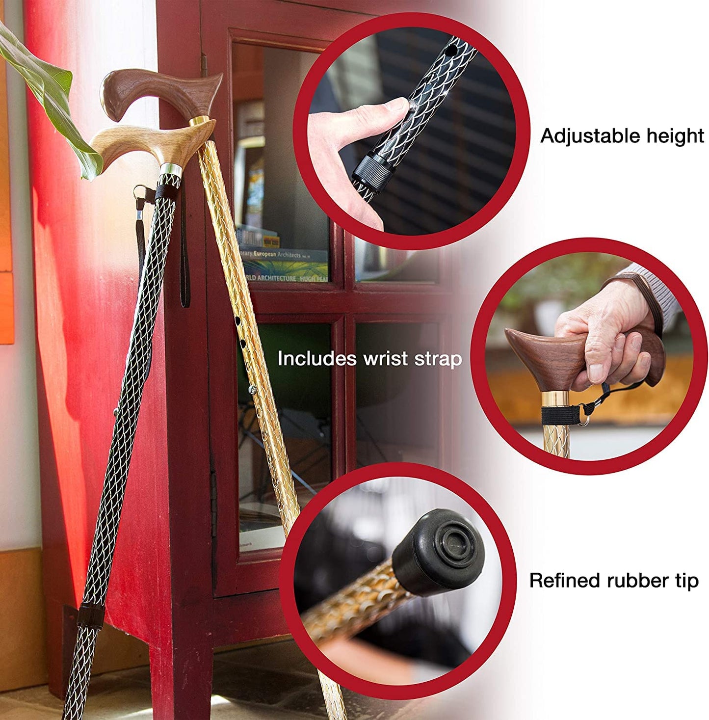 Brazos Adjustable Walking Cane for Men and Women Made of Lightweight Engraved Aluminum with Wooden Handle, Wrist Strap and Rubber Tip for Safety, Black and Silver Body with Red Oak Handle