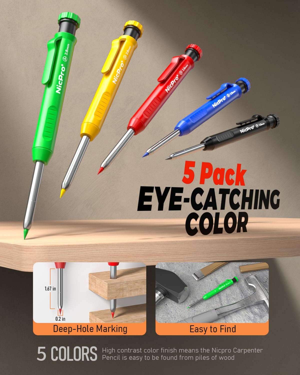 Nicpro 5 Pack Carpenter Pencil with Sharpener & Holders, Mechanical Carpenter Pencils Set with 53 Refills, Deep Hole Marker Woodworking Pencils, Heavy Duty Construction for Architect-With Case