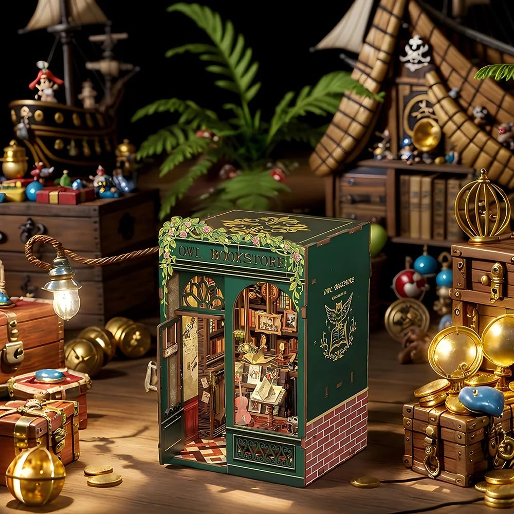 Cutefun Book Nook Kit, DIY Miniature House Kit for Bookshelf Decor, Book Nook Kits for Adults & Beginners, 3D Wooden Puzzle Dollhouse, Ideal Gift for Family and Friends - Owl Bookstore