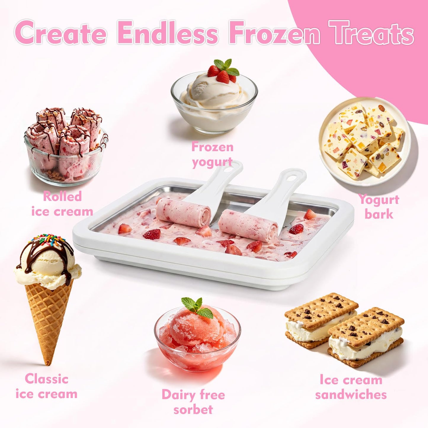 Premium Rolled Ice Cream Maker Kit with Recipe Book, Stainless Steel Freeze Tray, 2 Food Grade Spatulas & Gift Ready Packaging. Electricity-free Homemade Instant Ice Cream Roll Maker