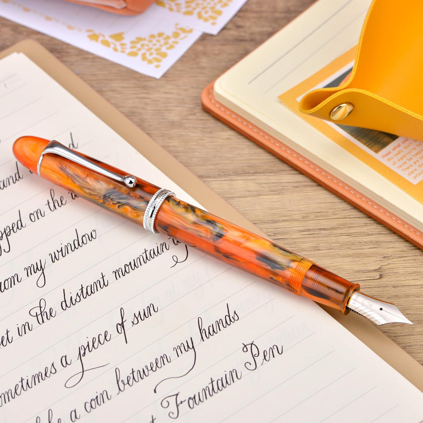 Asvine V800 Fountain Pen, Vacuum Filling System with Large Ink Capacity, Number 8 Nib, 1.1mm Nib, Calligraphy Art Drawing with Key, Amber