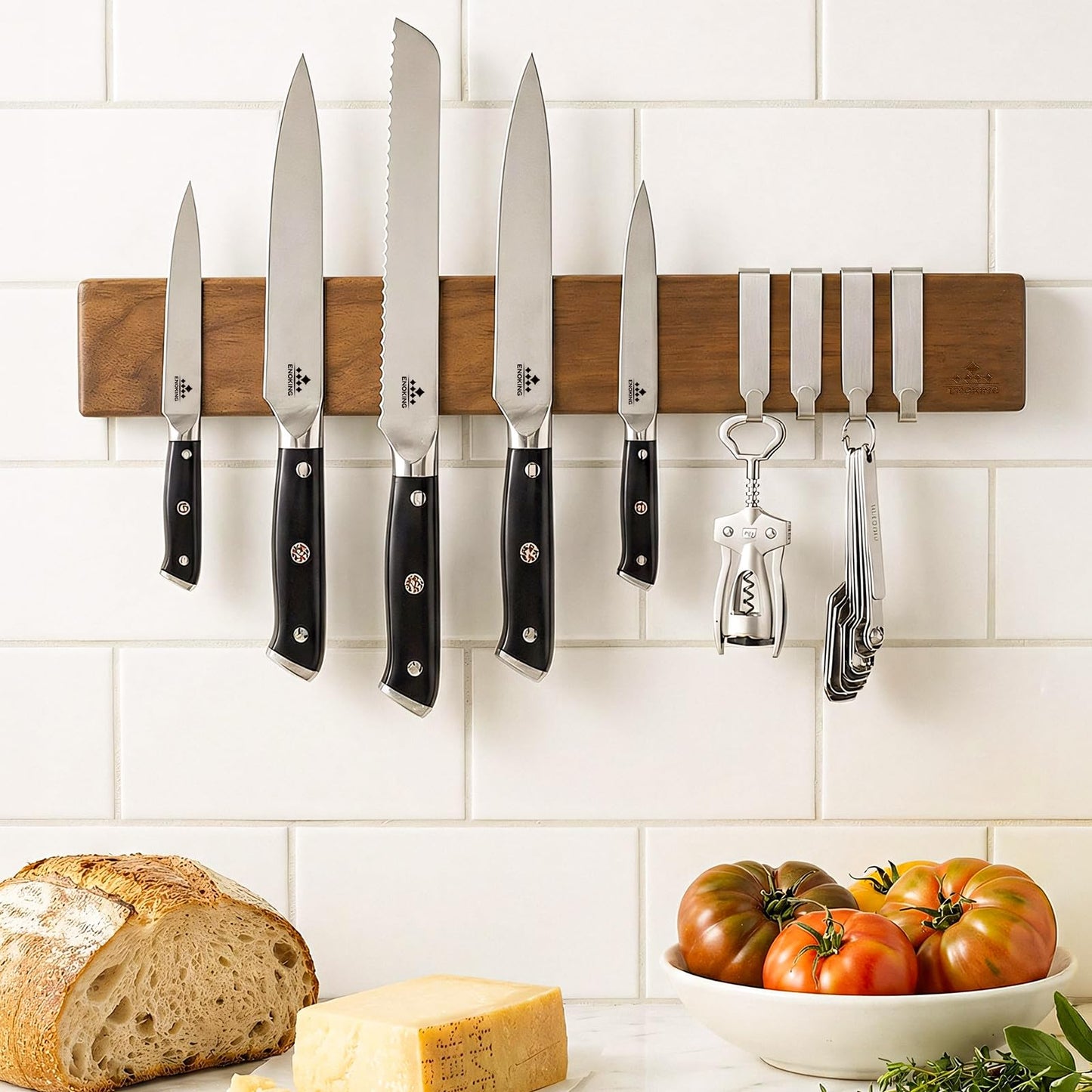 ENOKING Acacia Wood Magnetic Knife Strip for Kitchen, Wall Mounted Knife Magnetic Holder for Chef Knives, 16 Inch with Gift Box & 4 Hooks