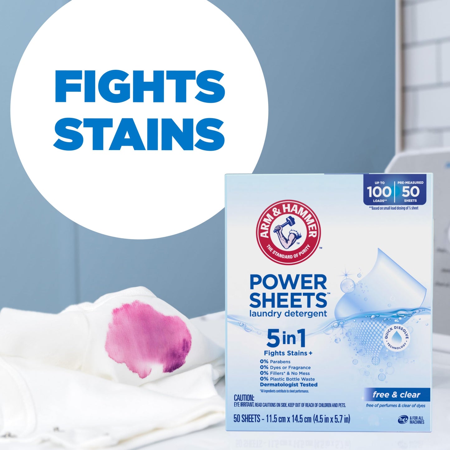 Arm & Hammer Power Sheets Laundry Detergent, Fragrance Free 50ct, 50 loads