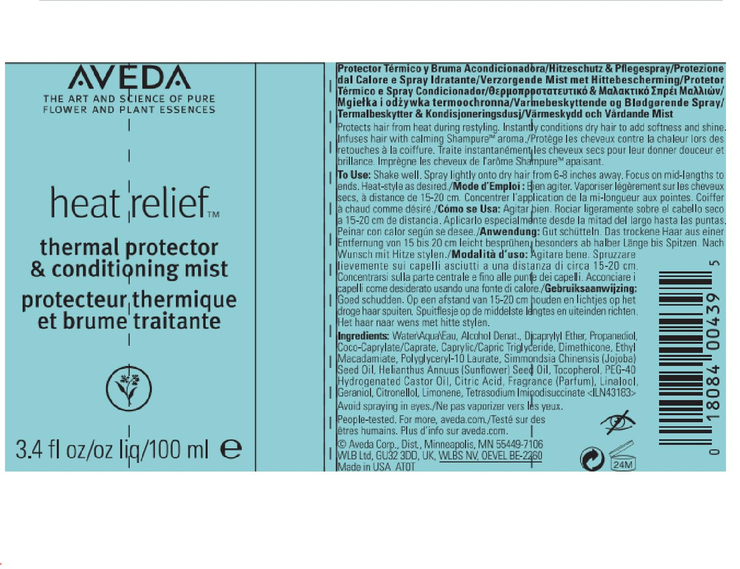 Aveda Heat Relief Thermal Protector & Conditioning Mist | Conditions Dry Hair | Adds Shine | Heat Protection | 97% Naturally Derived | Iconic Shampure Aroma, 100ml