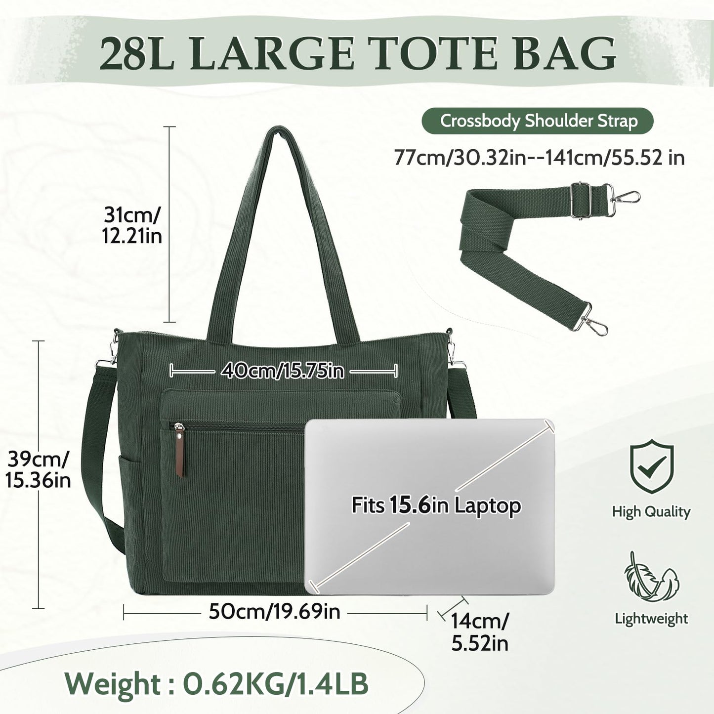 Kasqo Corduroy Tote Bag for Women, Extra Large Zippered Crossbody Shoulder Purse with 15.6" Laptop Compartment for Work Travel School College, Army Green