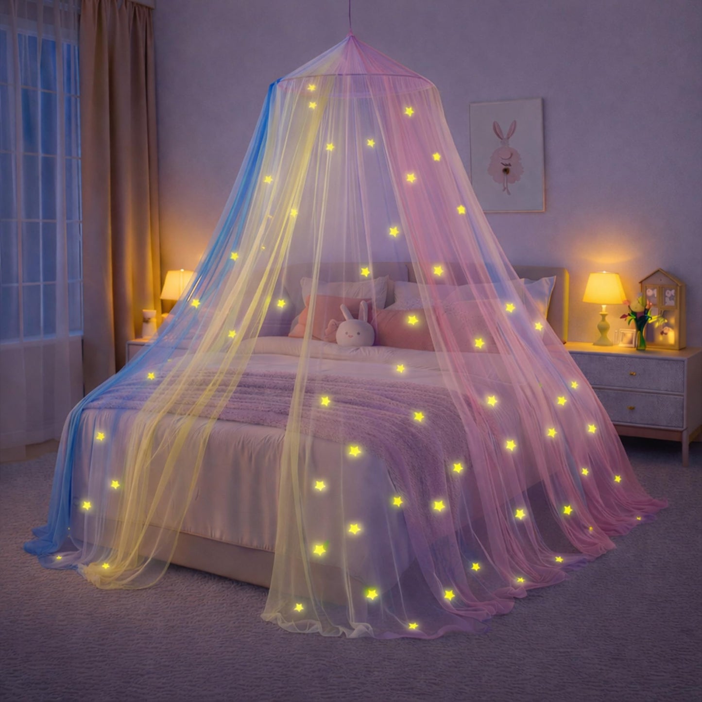 Bollepo Bed Canopy for Girls with Glowing Stars - Princess Rainbow Baby Canopy for Bed, Netting Room Decor, Ceiling Tent, Canopy for Crib | Single, Twin, Full, Queen Size Kids Bed