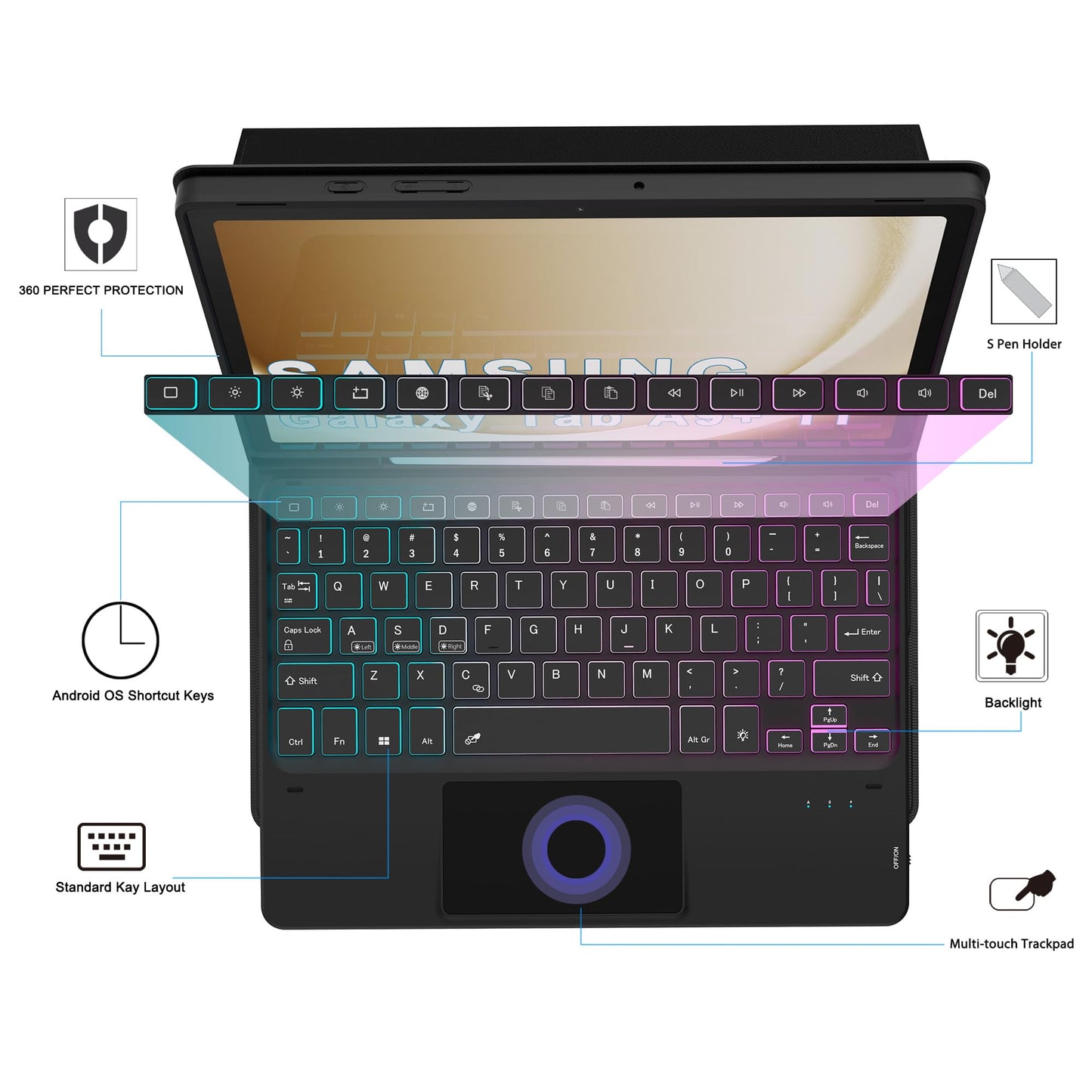 Keyboard Case for Samsung Galaxy Tab A9+ A9 Plus 11": 3 Zone 7 Colors Backlit Trackpad Keyboard for 11 inch Galaxy Tab A9 Plus A9+ 2023 - Detachable Smart Touchpad Wireless Keyboard Folio Tablet Cover