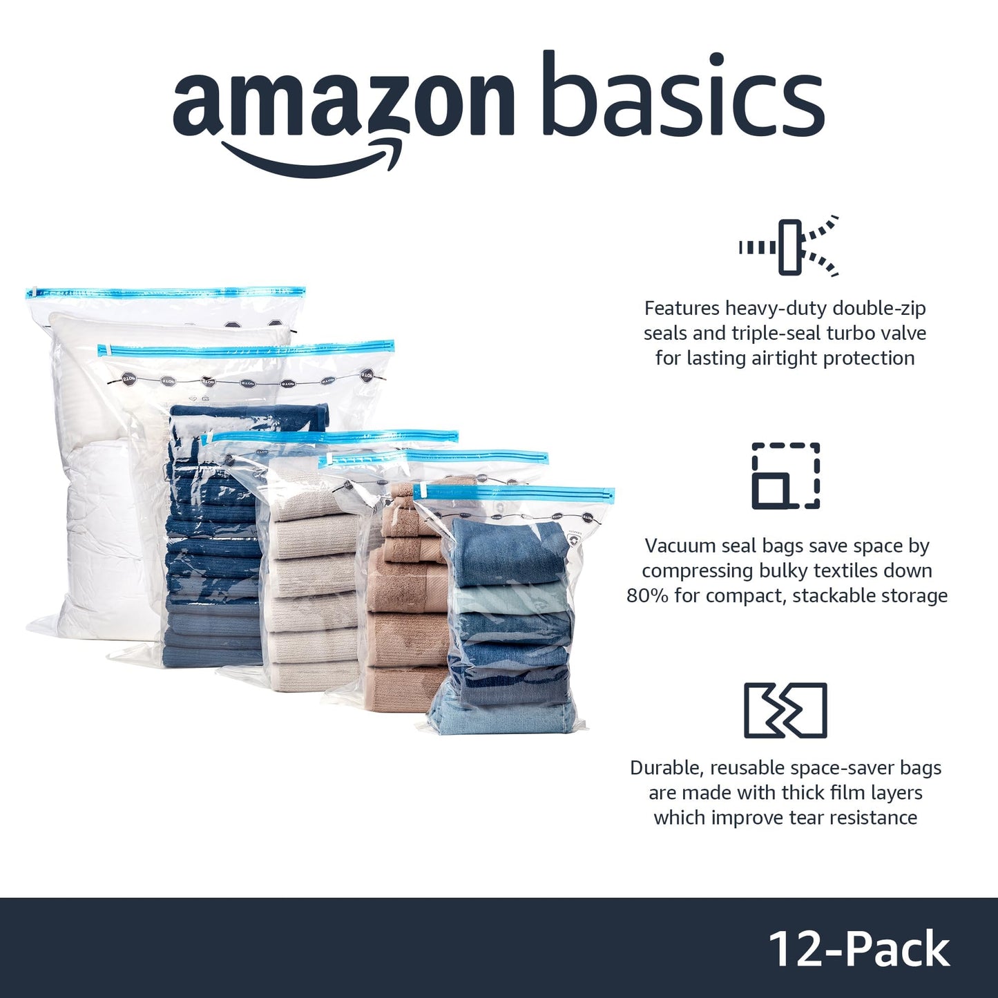 Amazon Basics Vacuum Compression Storage Bags with Hand Pump - 12-Pack (3 Jumbo, 3 Large, 3 Medium, 3 Small)