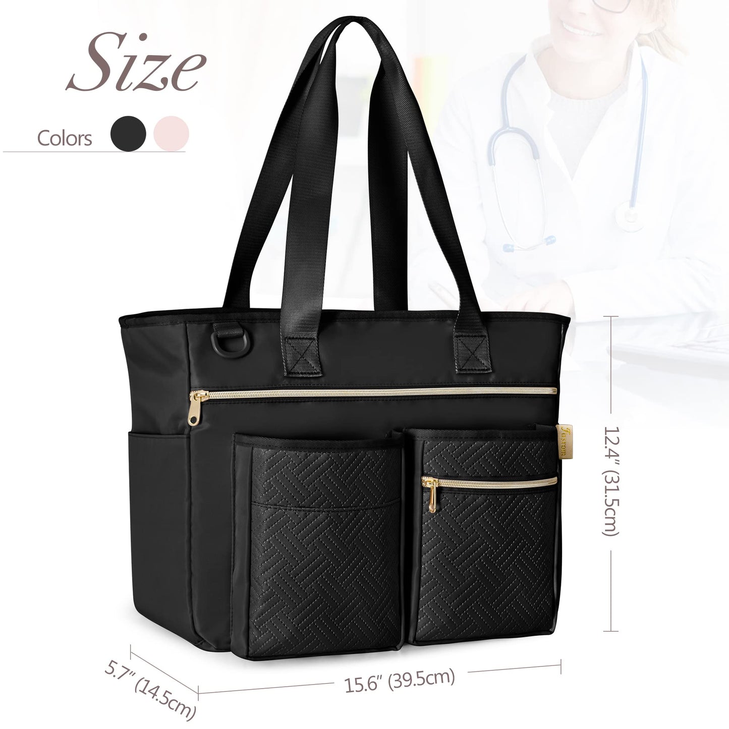 Fasrom Nurse Tote Bag for Work Nurses with Laptop Sleeve, Home Health Clinical Bag for Nursing Students and Medical Assistant, Black (Patent Design)