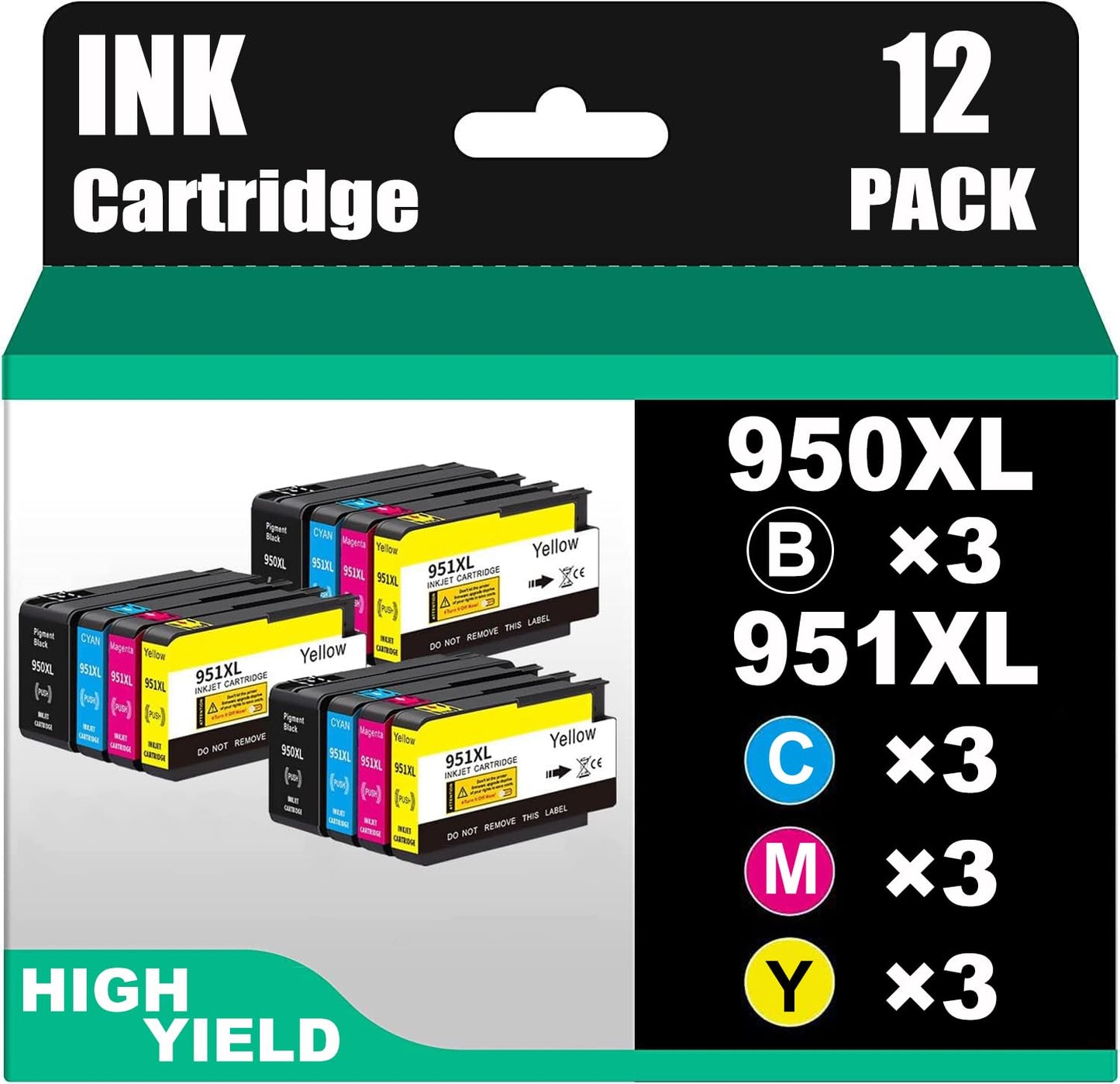 950XL 951XL 12-Pack Combo Compatible for hp 950 XL 951 XL Ink Cartridge Replacement for hp OfficeJet Pro 8600 8610 8620 8100 8630 8660 8640 8615 8625 276DW 251DW Printer (3BK/3C/3M/3Y)