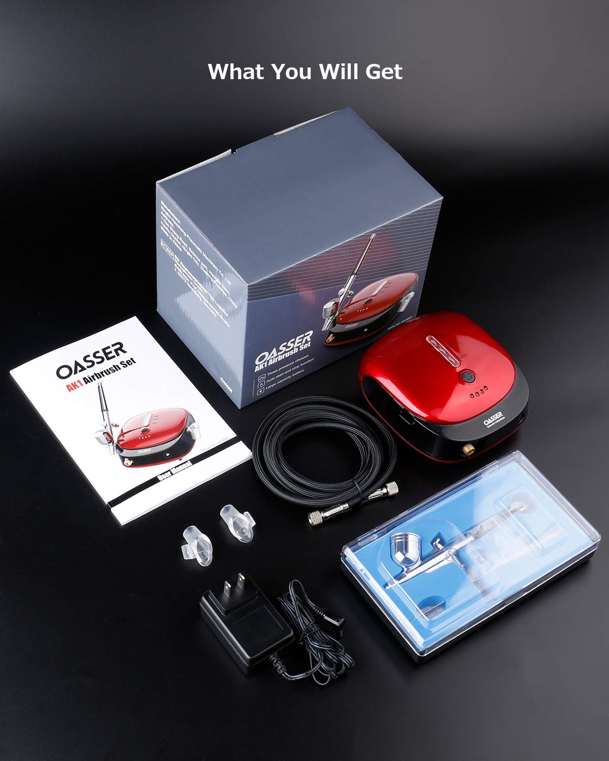 Oasser Airbrush Kit with Compressor 1000mAh Portable Airbrush Compressor Rechargeable with LED Lights for Painting Modeling Makeup Art Creation Suitable for Beginners Red