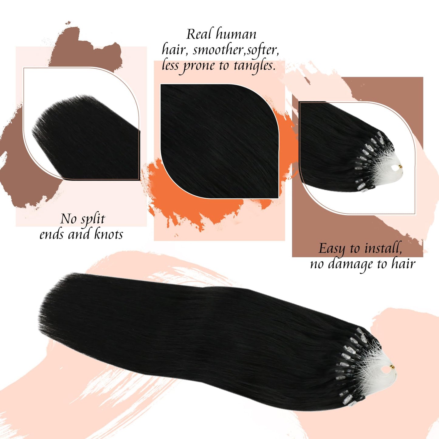 Sunny Hair Micro Beads Hair Extensions Invisible Micro Loop Hair Extensions Human Hair Straight Micro Ring Hair 50G/50S Micro Link Hair Extensions for Women Black 24inch