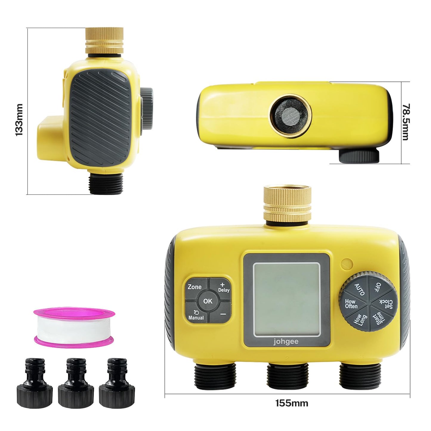 Johgee 3 Zones Water Timer Brass Inlet, Sprinkler Timer Programmable Garden Hose Timer with Rain Delay/Manual/Automatic Watering System,Waterproof Digital Irrigation Timer System for Lawns Pool
