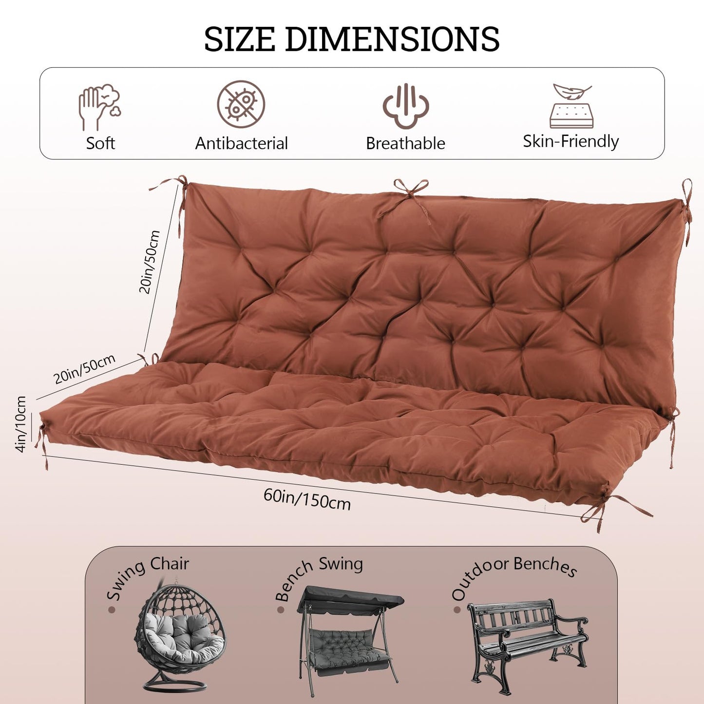 Matalde Outdoor Cushions for Patio Furniture, Patio Furniture Cushions with backrest and Straps, Dark Brown, 60x40 inches, 4" Thick,Porch Swing Cushions for Lawn, Backyard and Garden