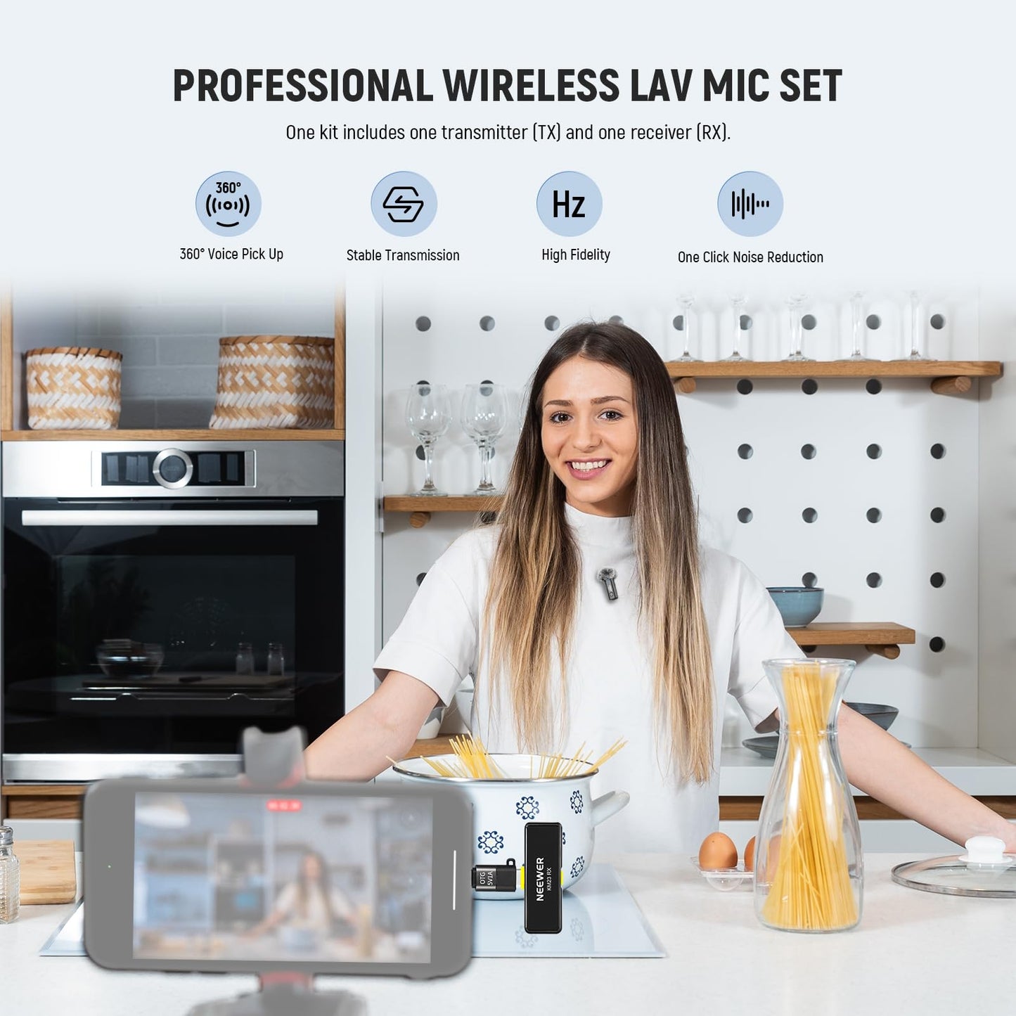 NEEWER Wireless Lavalier Microphone for iPhone Android Tablet PC Laptop 131ft/40m Range Noise Cancellation Omnidirectional Mic for Vlogging Live Streaming (1x RX + 1x TX), KM23