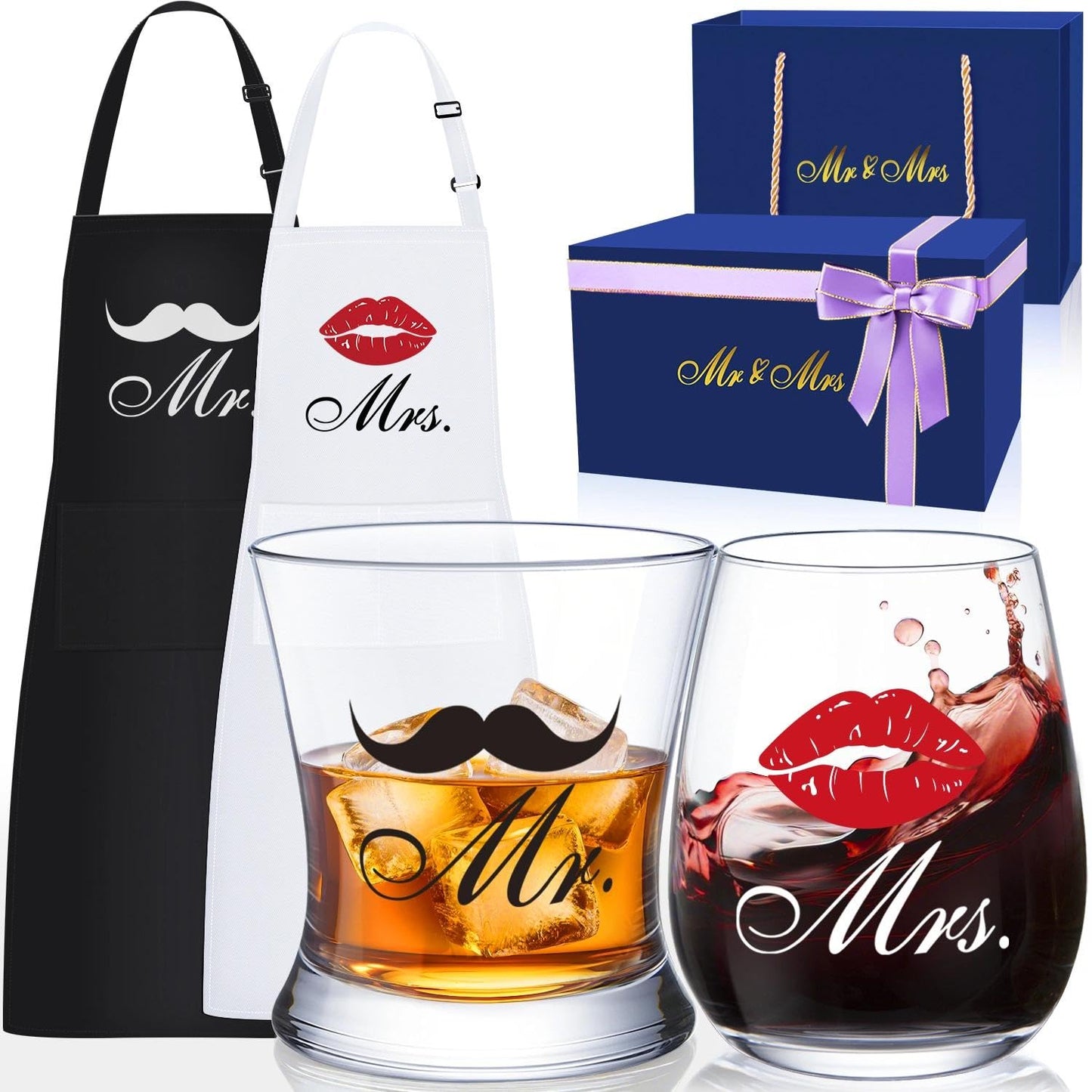 LIGHTEN LIFE Wedding Engagement Gifts for Couples,Bridal Shower Gift for Bride and Groom Newlyweds,Anniversary Mr and Mrs Whiskey Wine Glasses Set with Appron