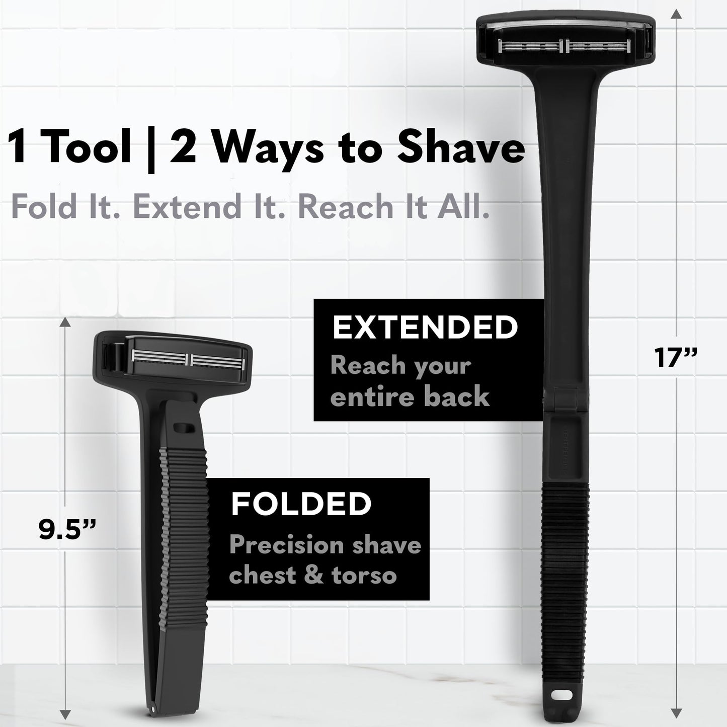 Bearback Back Shaver for Men – DIY Razor with Pivoting Triple Blades & Folding Handle – Wet or Dry Back & Body Hair Removal