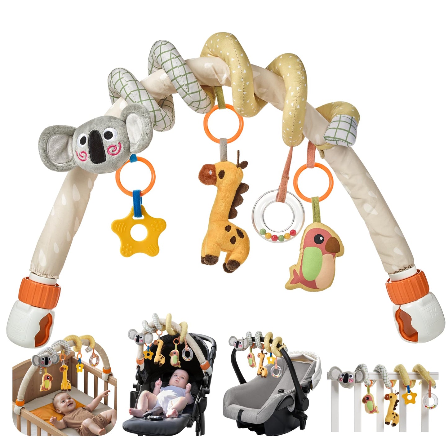 TUMAMA 2 in 1 Spiral Arch Car Seat Toys for Babies 0 3 6 9 12 Months Stroller Toy Baby Hanging Toys with Clip Adjustable Detachable Sensory Travel Crib Bouncer Bassinet Activity Toys