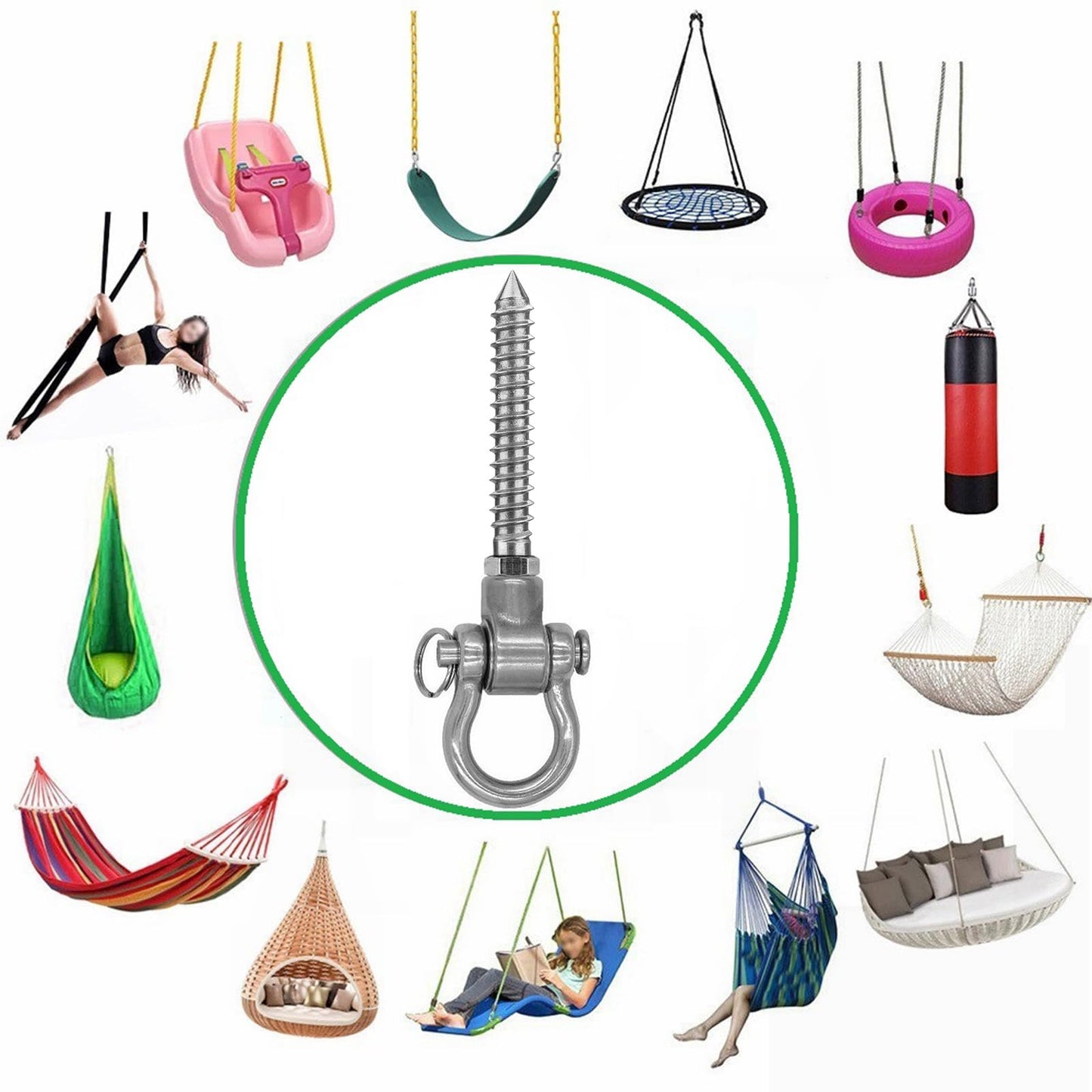 WWFFEN 6 Bearing Swing Hangers Permanent Anti Rust Heavy Duty 180° Swing, 1500 lb Capacity sandbag Yoga Swing Hammock Chair