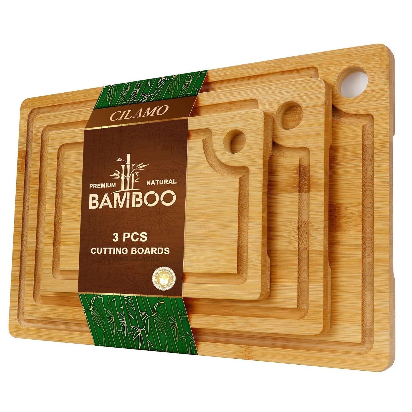 Bamboo Cutting Board [Set of 3], Wooden Cutting Boards for Kitchen, Wood Cutting Boards with Deep Juice Groove & Side Handles,Charcuterie Board for Meat, Ideal for Meal Prep and Chopping