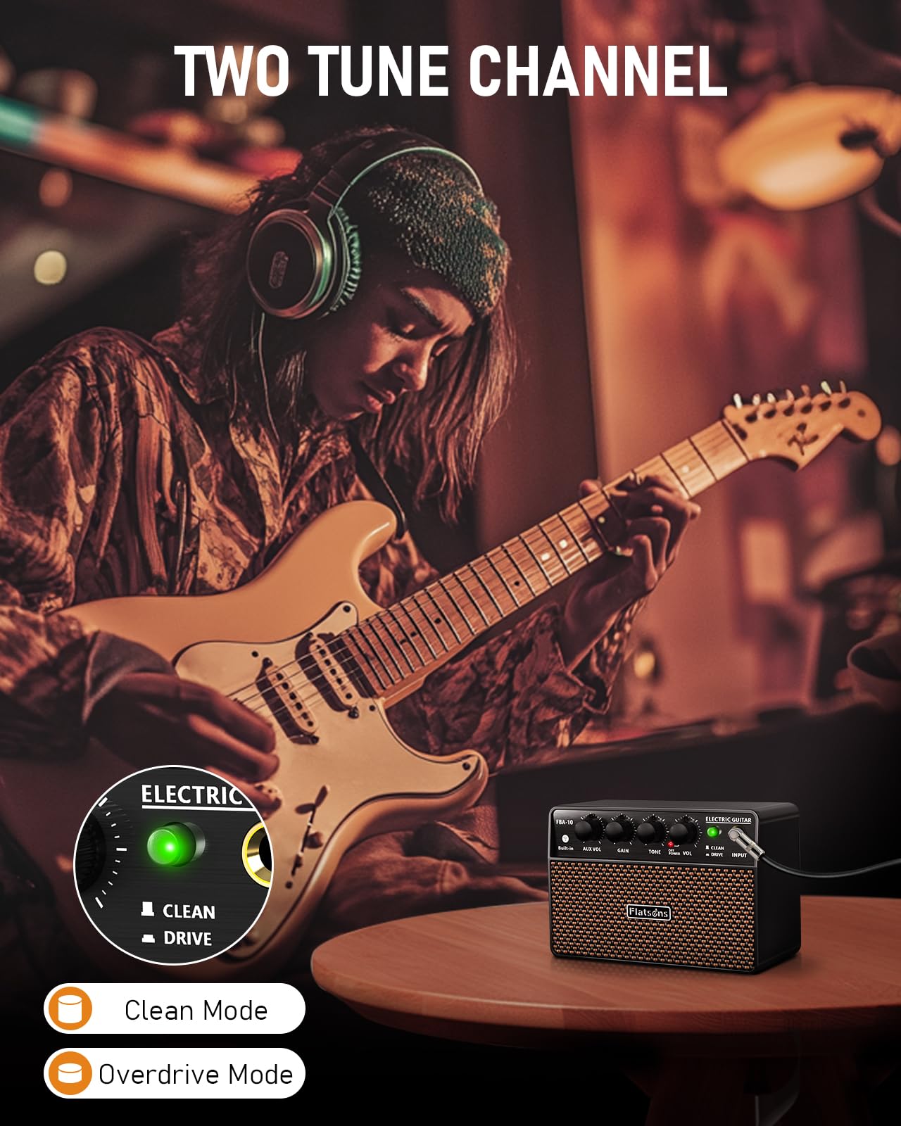 FBA-10 Guitar Amp, 10W Mini Electric Guitar Amplifier with Clean/Drive Channel, 6H Working, USB-C Rechargeable, 3.5mm Headphone/AUX Jack, Wireless Portable Amp for Indoor Practice, Traveling