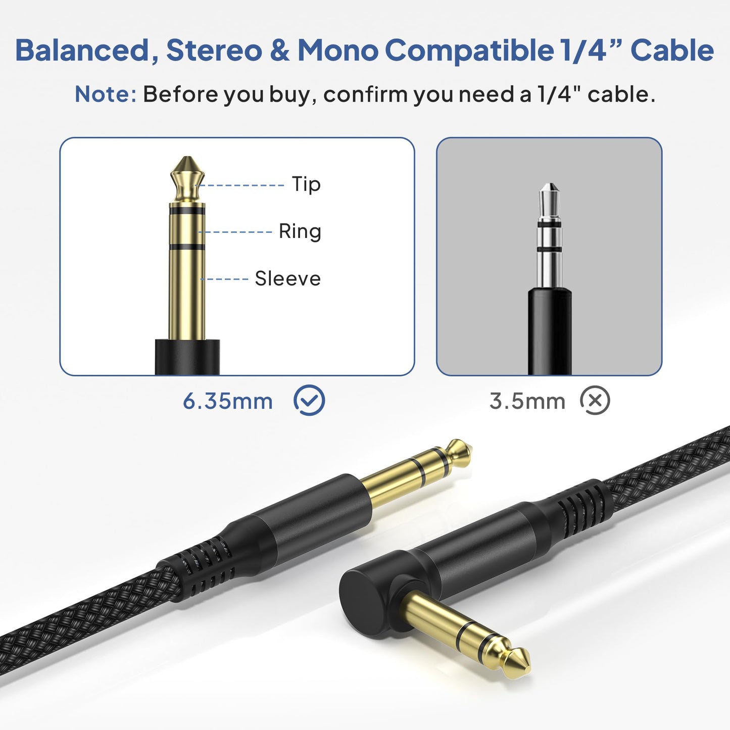 Elebase 1/4 Inch TRS Instrument Cable 30ft 2Pack,Right-Angle to Straight 6.35mm Male Jack Stereo Audio Cord,6.35 Balanced Interconnect Line for Electric Guitar,Bass,Keyboard,Mixer,Amplifier,Speaker
