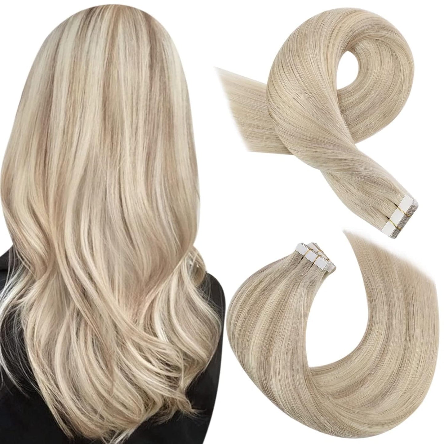 Moresoo Tape in Hair Extensions Human Hair Blonde Highlight 18 Inch Remy Tape in Extensions Human Hair Ash Blonde Mixed with Blonde Hair Extensions for Women Tape in Human Hair #P18/613 20Pcs 50g