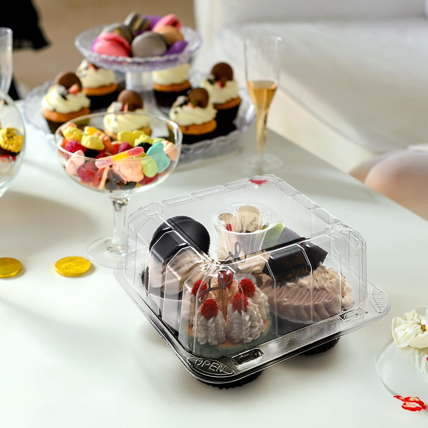Coloch 50 Pack 4-Cavity Clear Cupcake Container, 4 Compartment Plastic Cupcake Holder with Connected Lid, Deep Dome Muffin Container, Stackable Carrying Box for Cupcakes, Wedding, Party Gift Packaging