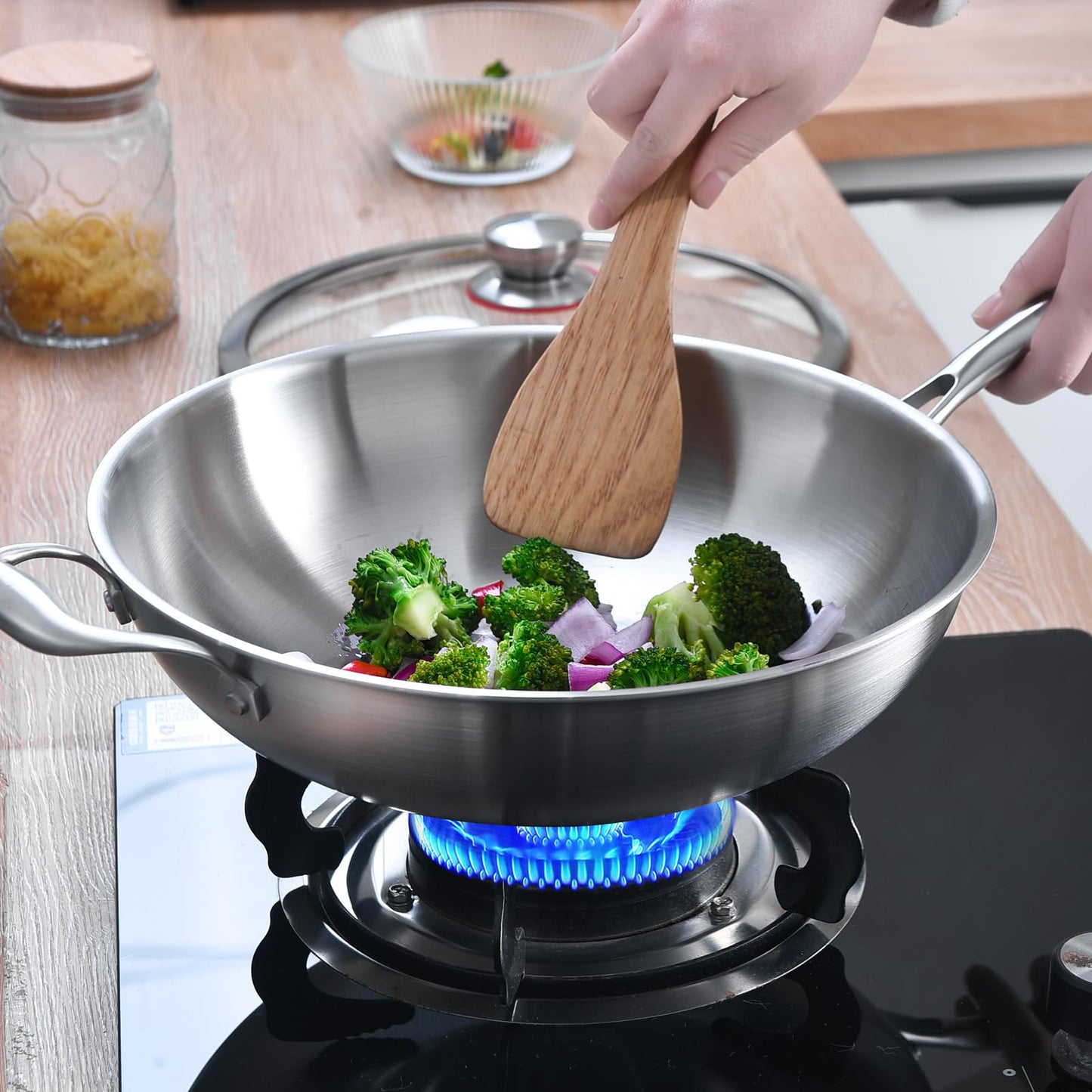 LOLYKITCH 12 Inch Tri-Ply Stainless Steel Wok Pan with Lid, Stir-Frying Pan,Induction Cooking Pan,Dishwasher and Oven Safe,Heavy Duty and Detachable Handle