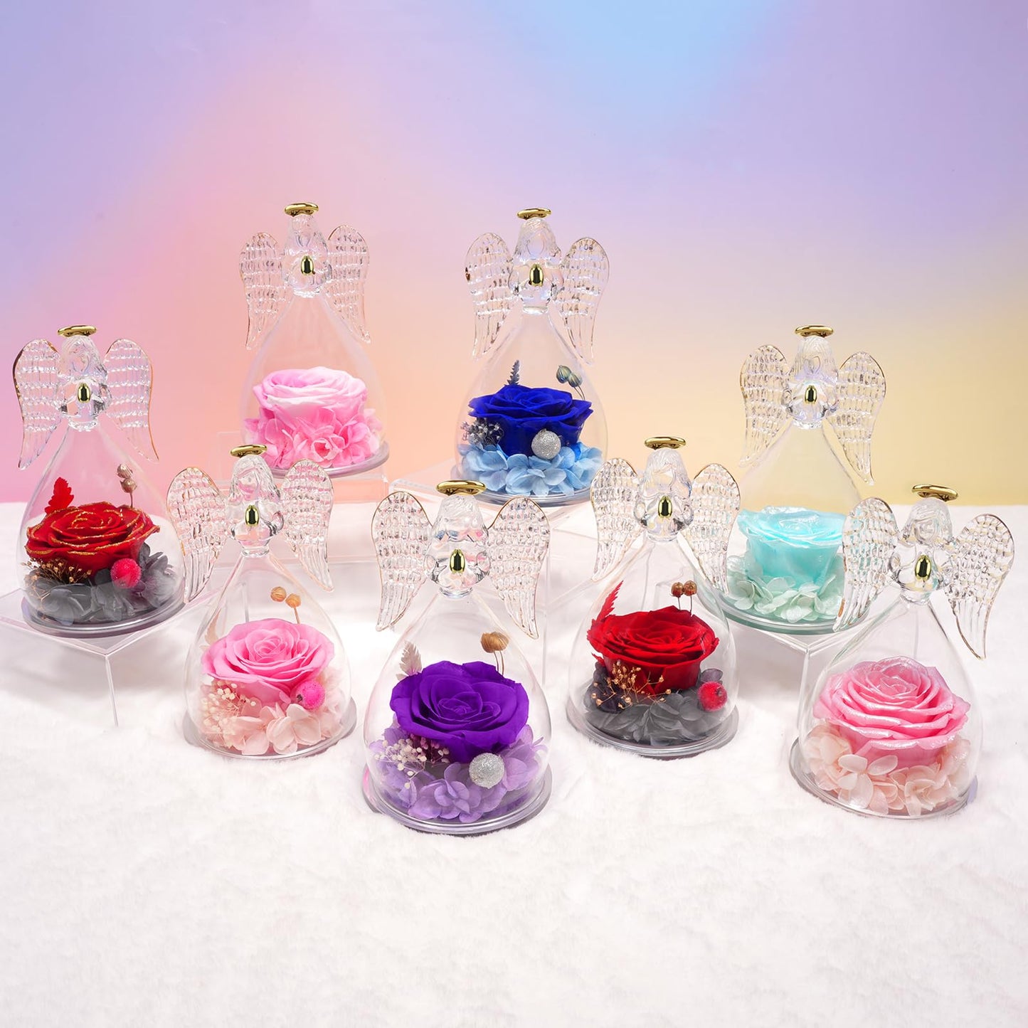 Miofula Preserved Flowers Rose Birthday Gifts for Women, Angel Figurines with Forever Real Rose Gifts for Mom Her Grandma,Unique Angels Gifts for Mothers Day Christmas Valentines Day Anniversary (Red)