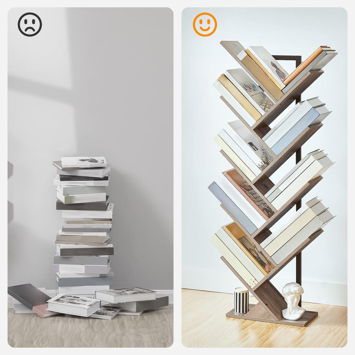 HOOBRO Tree Bookshelf, 9-Tier Bookcase Wooden Shelves, Floor Standing Storage Rack, for Display of CDs, Books in Living Room, Home Office, Wood Storage Rack for Bedroom, Greige BG08SJ01G1
