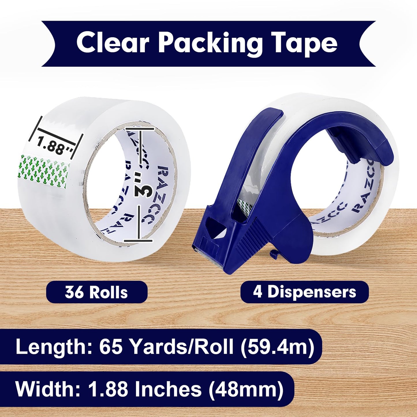 Packing Tape, RAZCC 36 Rolls Clear Heavy Duty Packaging Tape with Dispensers for Packing Shipping Moving Mailing, Thicker Sealing Tape - 1.88" x 65 Yard Per Roll, 2340 Total Yards