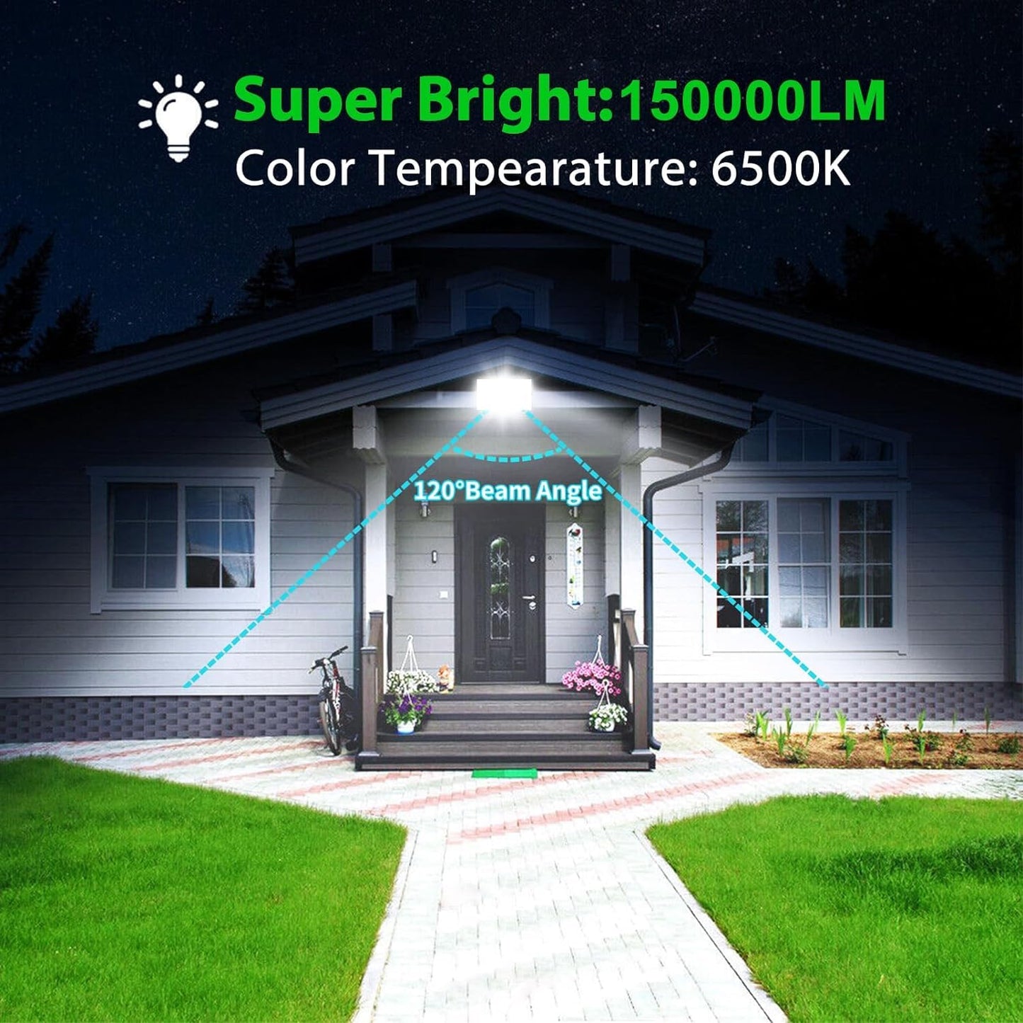 LED Flood Lights Outdoor, 2 Pack 150W 15000LM Super Bright Exterior Floodlight, IP65 Waterproof LED Work Light, 6500K Daylight White, Plug in Flood Light Outdoor for Yard, Garden, Lawn, Backyard