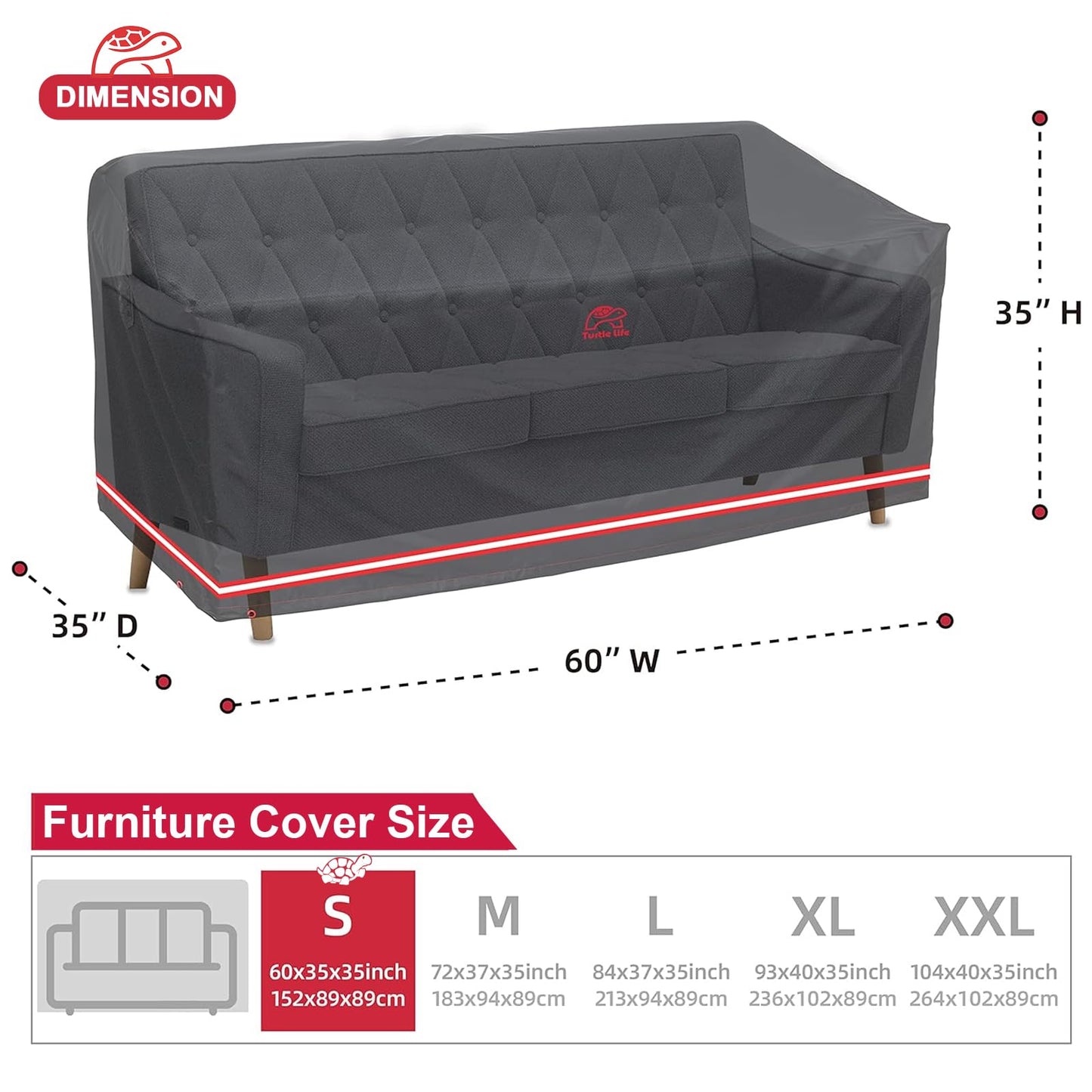 Turtle Life Patio Sofa Cover, Outdoor Heavy Duty Durable UV Water Resistant Anti-Fading Loveseat Cover with 2 Upgrade Air Vent and 2 Buckle, Black, 60" W x 35" D x 35" H