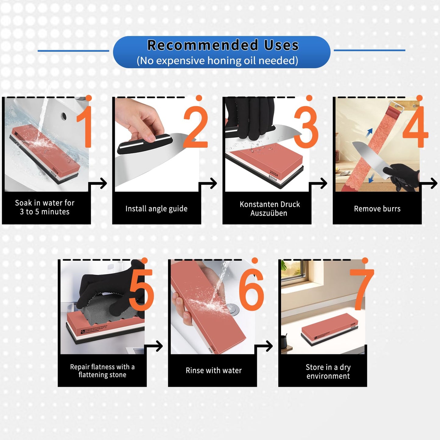 Knife Sharpening Stone Kit 400/1000 3000/8000 Grit Professional Whetstone Set Coarse to ExtraFine 2-Side Sharpener Include Flattening Stone,Angle Guide,Safe Nonslip Bamboo Base and Slip Silicone Base
