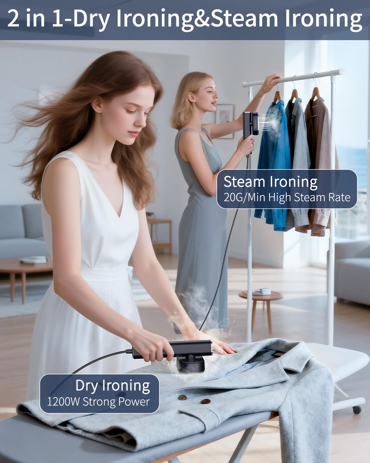 HULMAY Portable Steamer For Clothes Travel Mini Steamer and Iron Fast 10s Heat-Up, Horizontal and Vertical 1200W Effortless Wrinkle Removal, Garment Steamer and Iron for Travel Office Home(110-120V)