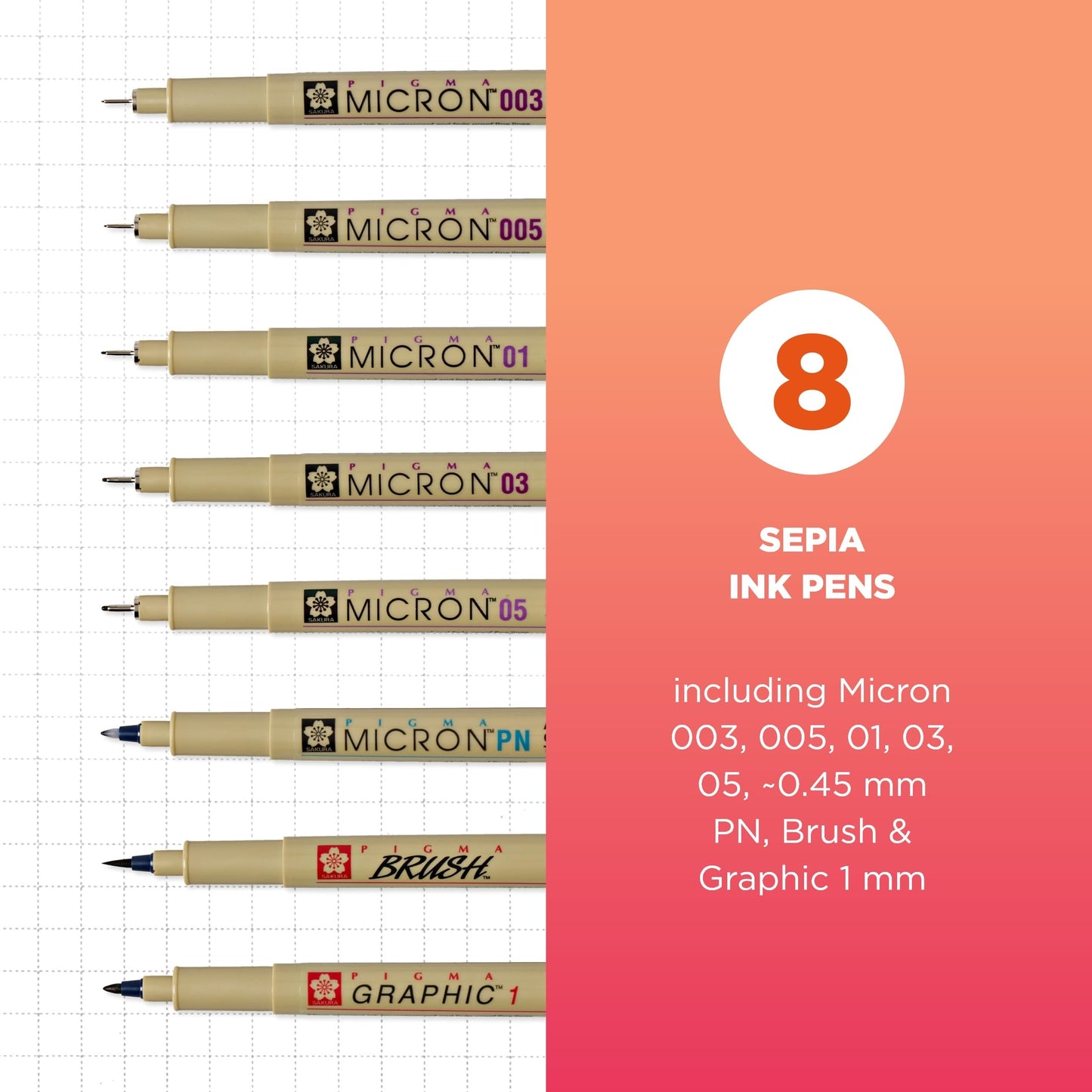 Sakura Pigma Micron Fineliner Pens - Archival Sepia Ink Pens - Pens for Writing, Drawing, or Journaling - Assorted Point Sizes - 8 Pack