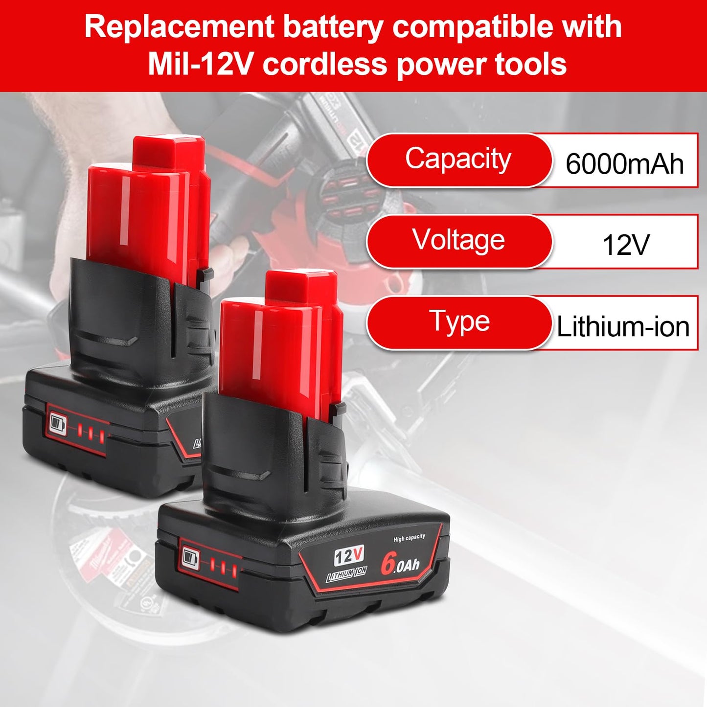 12V Battery, Replacement for Milwaukee M12 Battery 6.0Ah, Compatible with Milwaukee 12V Cordless Tools MLW2553-20,2462-20,2415-20 and MLW2504-20 2-Pack (2pack M12 Battery 6.0ah)