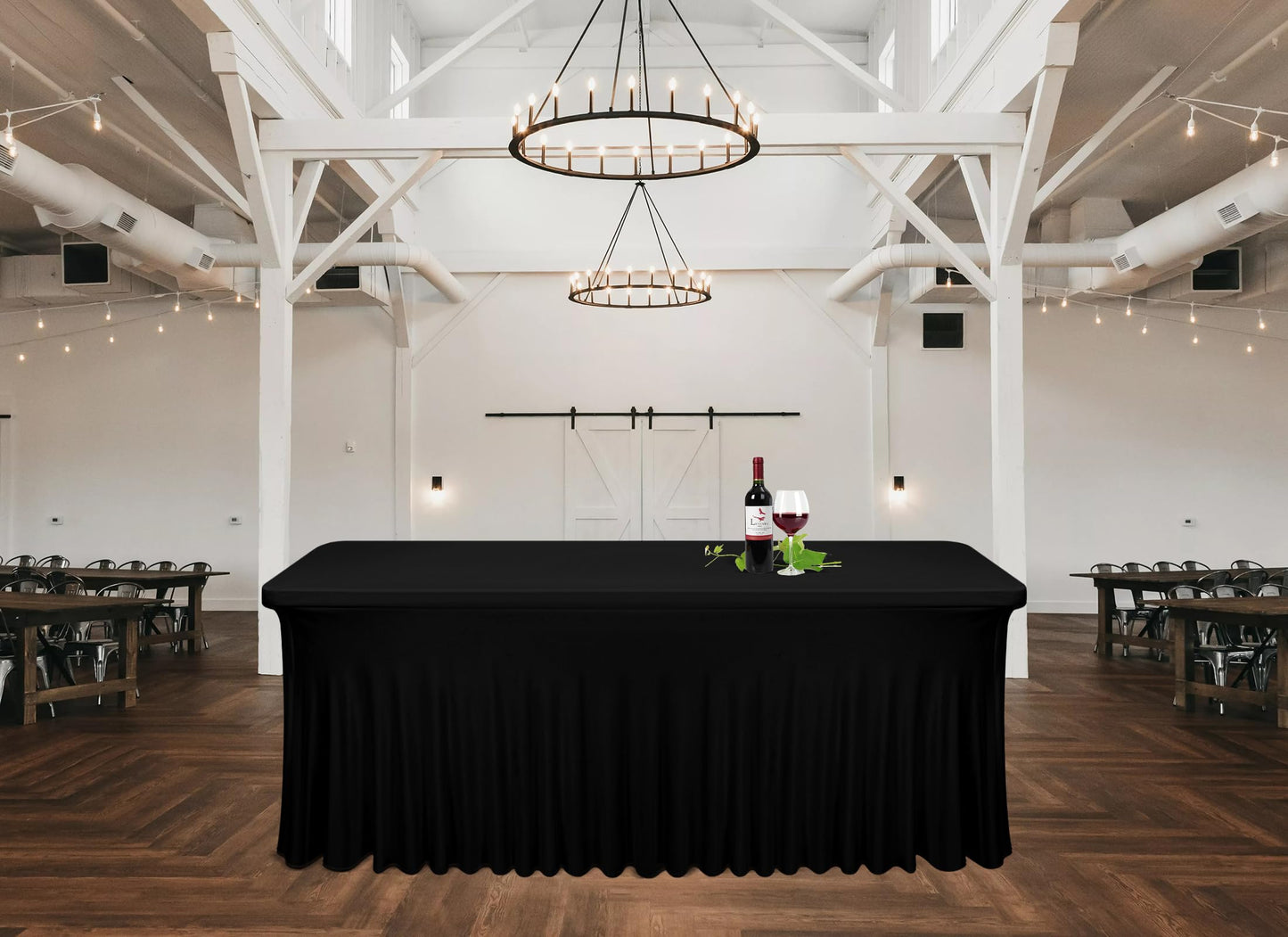 4 Pack 6Ft Black Spandex Table Skirts, Stretch Tablecloth with Skirt Easy to Install One-Piece Wrinkle Resistant Fitted Stretchable Table Skirt for Wedding Party Banquet Trade Show