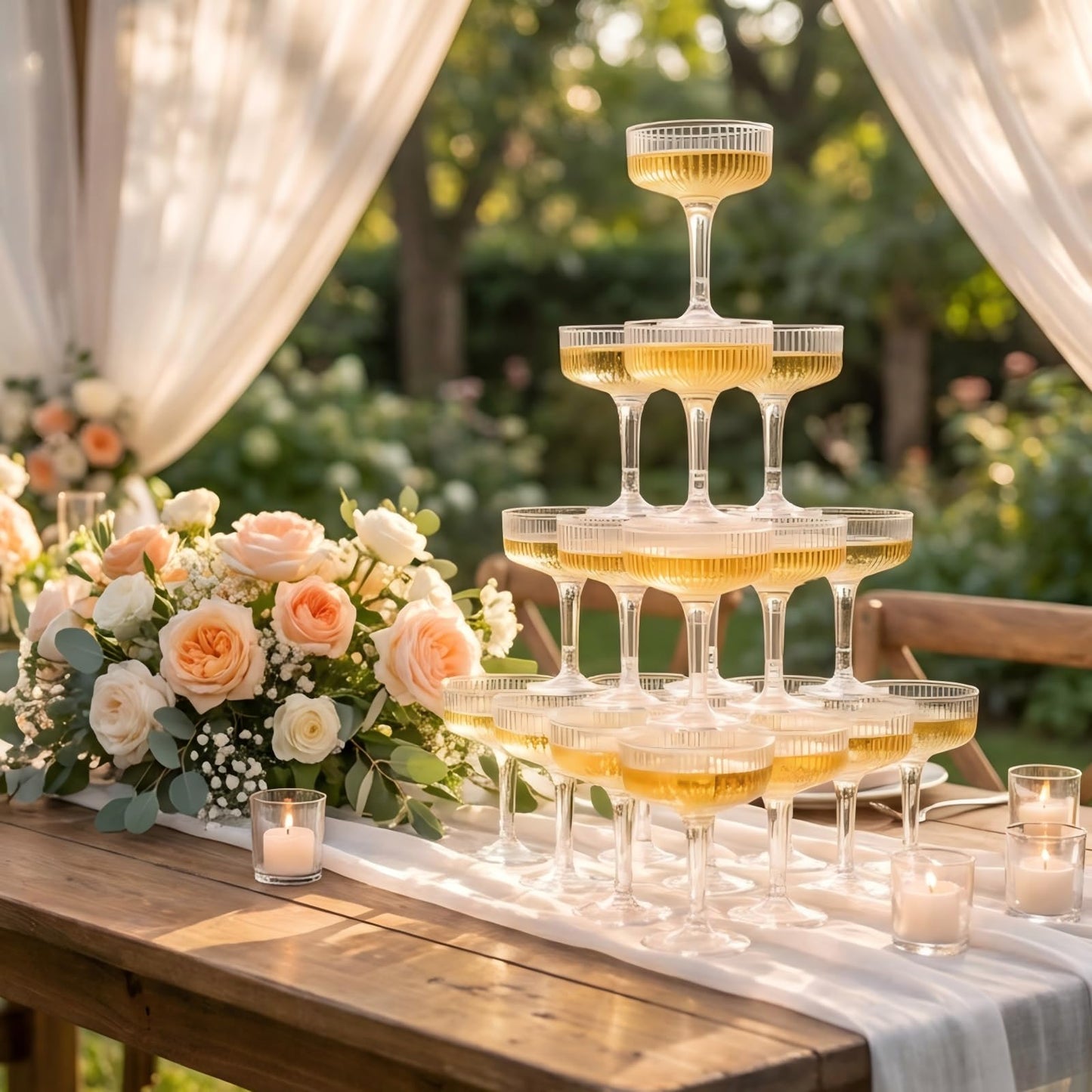 Goodluck Champagne Tower 4-Tier, 7oz Set of 20 Clear Champagne Flutes Plastic,Butterfly Shape with Vertical Stripes for Weddings, Celebrations, Parties & Birthdays