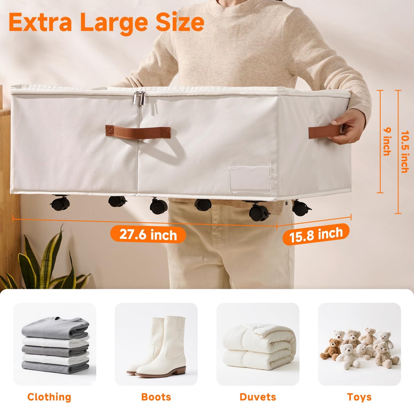 KitHero 60L Large Under Bed Storage with Wheels Pack of 2, Underbed Shoe Container Bin with Clear Lid Cover, 10.5 Inches Rolling Under Bed Drawer Storage Bag Basket for Boots Quilt Sweater - White